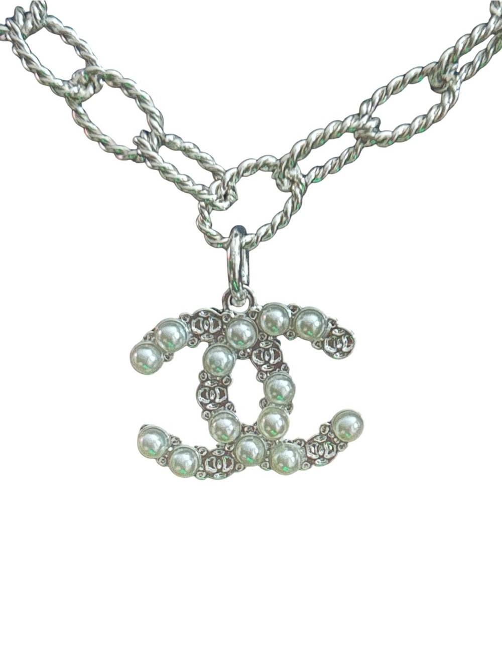 Silver Pearl-Embellished Double-C Logo Pendant Necklace